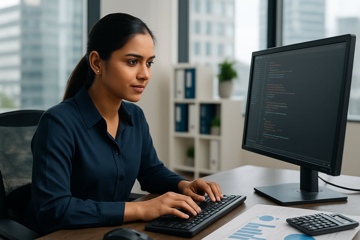 Professional woman working at a computer, reviewing code and business data in an office.