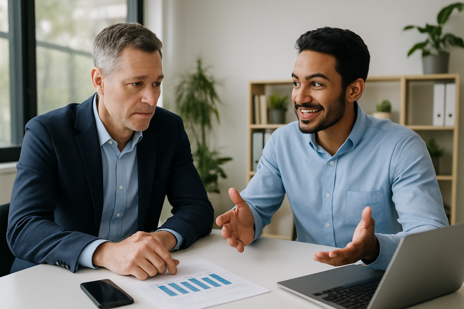 Two professionals having a business discussion at a desk, reviewing a printed bar chart while one explains insights on a laptop in a modern office setting.