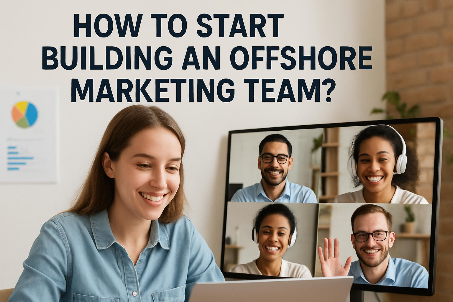 A smiling marketing professional on a video call with her offshore teammates, symbolizing collaboration and teamwork in building an offshore marketing team.