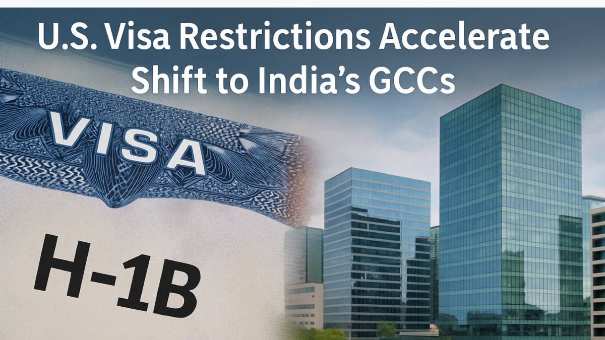 Banner image showing a U.S. H-1B visa and modern office buildings, representing how visa restrictions are driving companies to shift operations to India’s Global Capability Centers (GCCs).